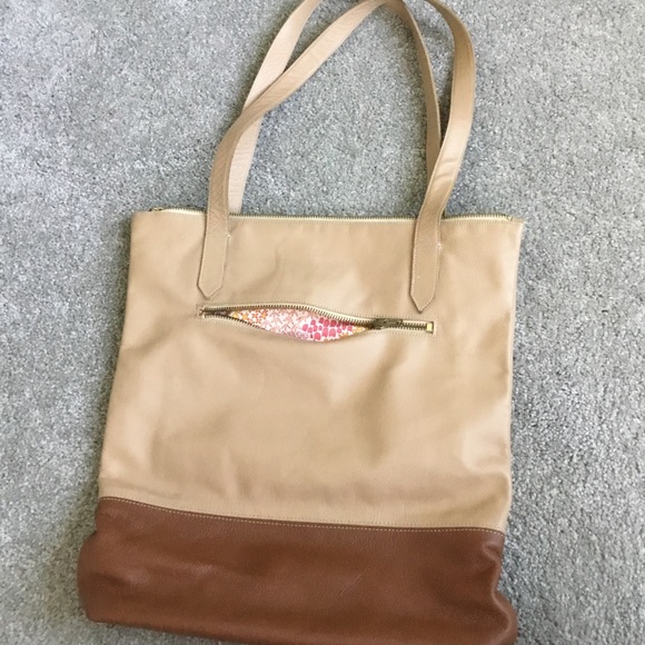 NELLY O “Leather” Purse Cream & Tan great fabric interior pinks/yellow/orange. - Picture 2 of 6